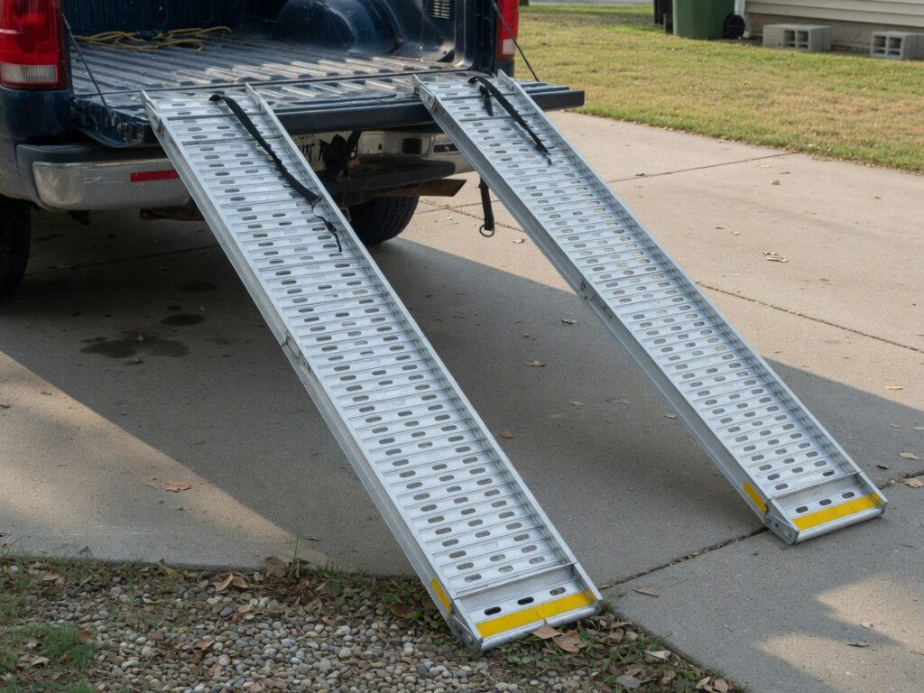 Aluminum loading ramps and ratchet straps