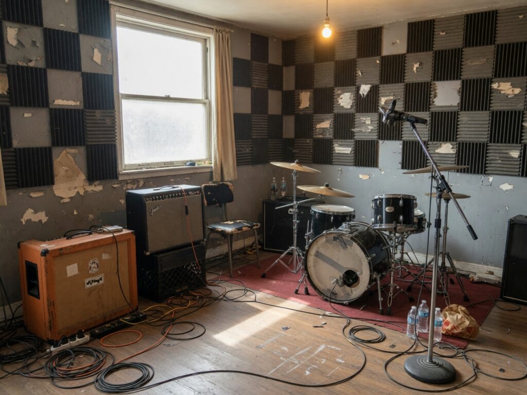 Band practice room with drum kit and amps