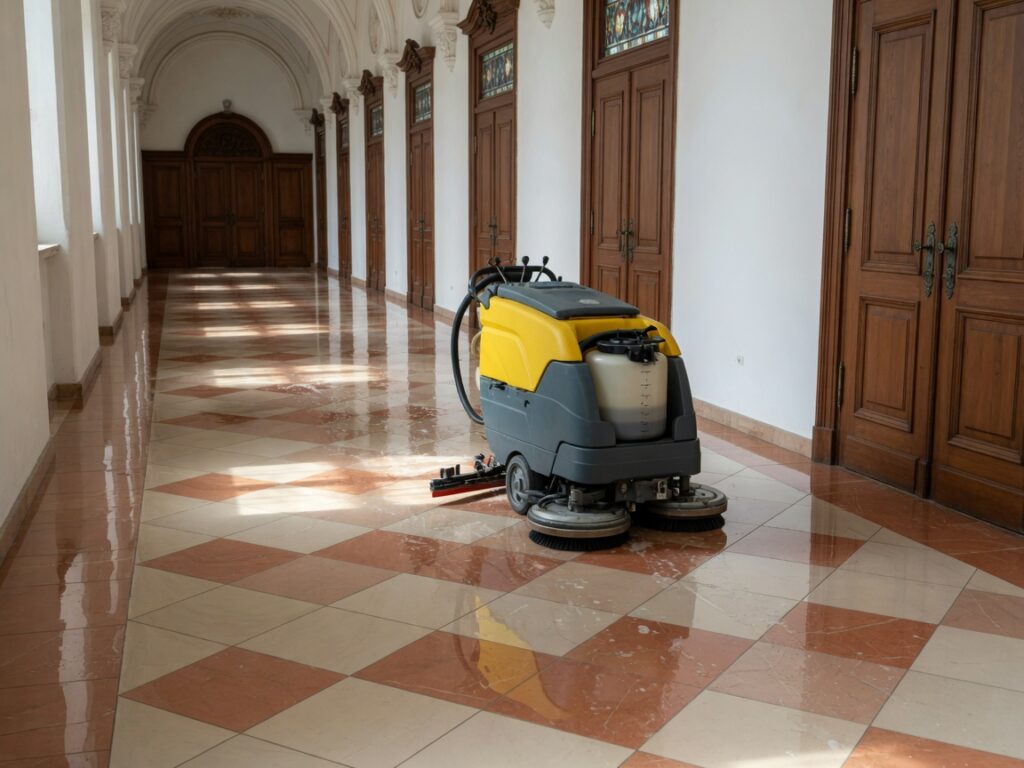 Walk-behind floor scrubber from a church