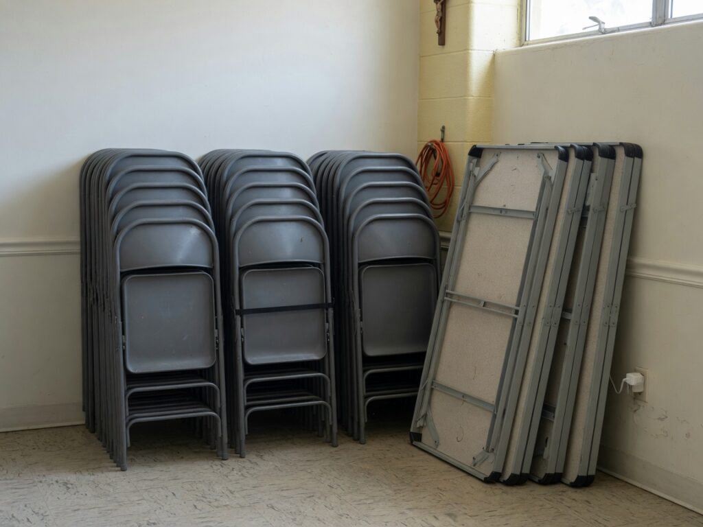 10 tables and 80 chairs from a church