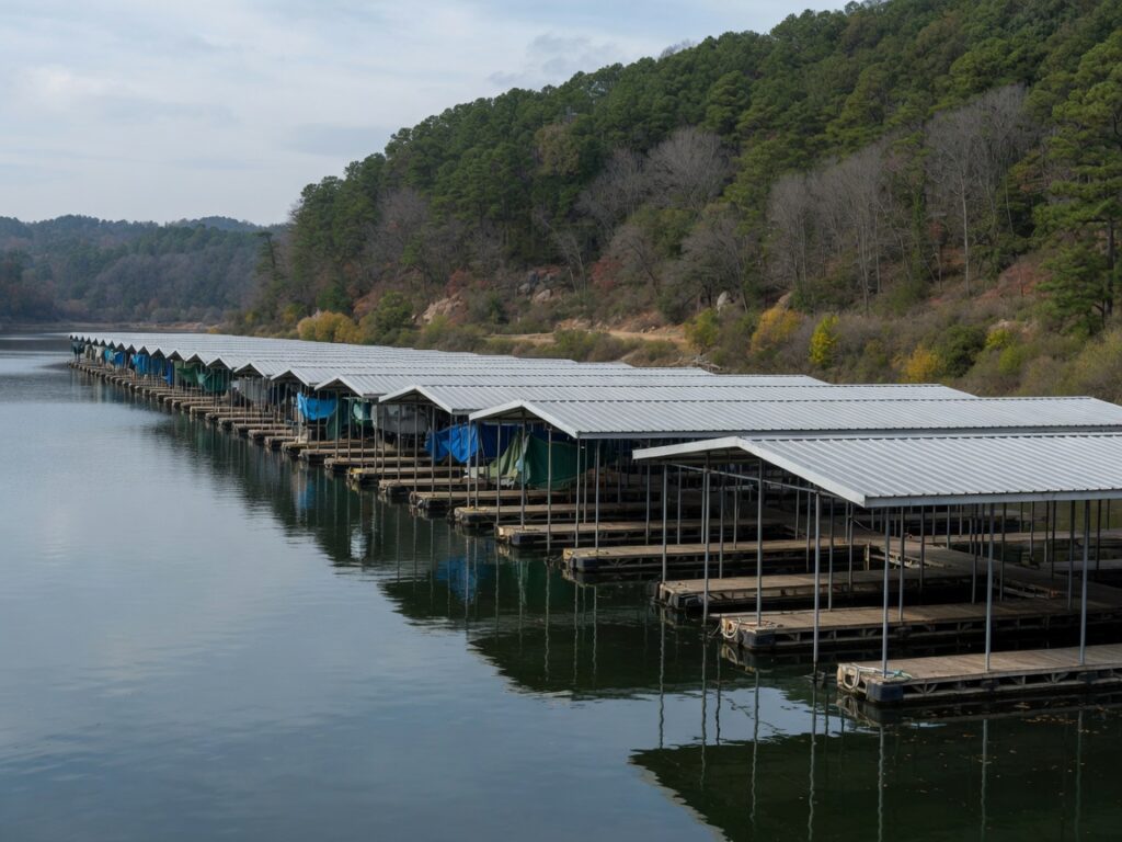 Covered boat slip at a lake marina