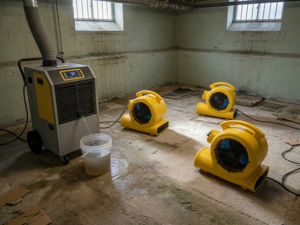 Commercial dehumidifier and 3 air movers