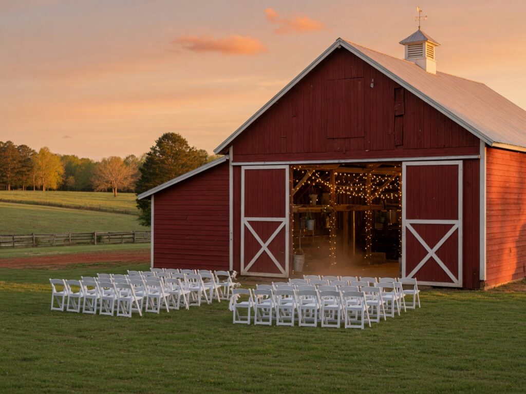 Barn and lawn on a farm for a wedding