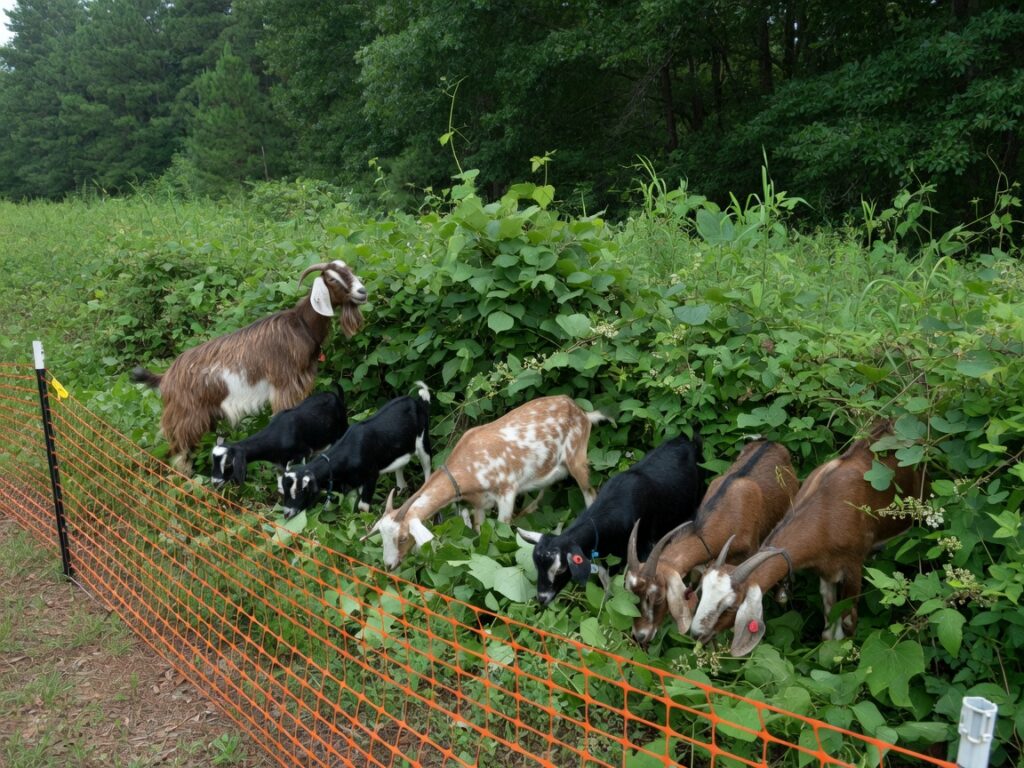 Goats for brush clearing, with a handler