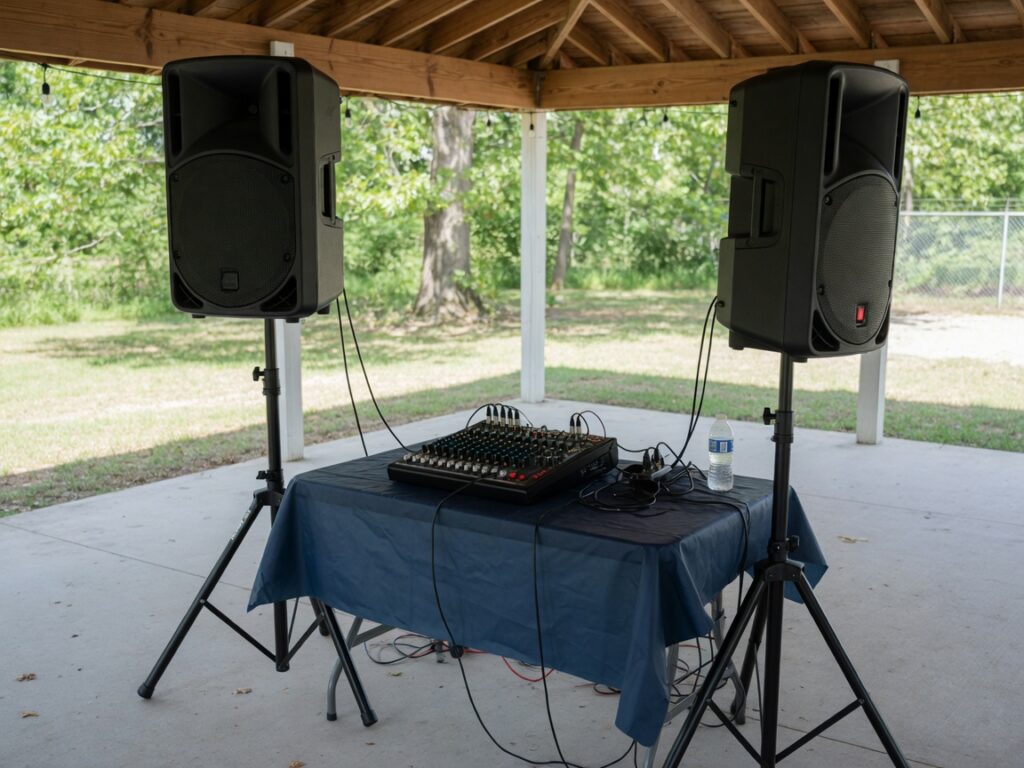 PA system with two speakers and a mixer