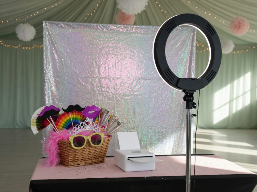 Photo booth with prints and an attendant