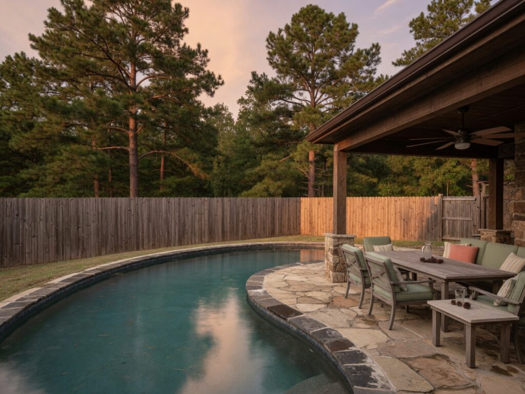 Heated saltwater pool with a covered patio