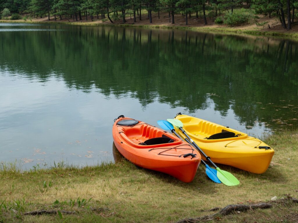 Two kayaks with paddles and life vests