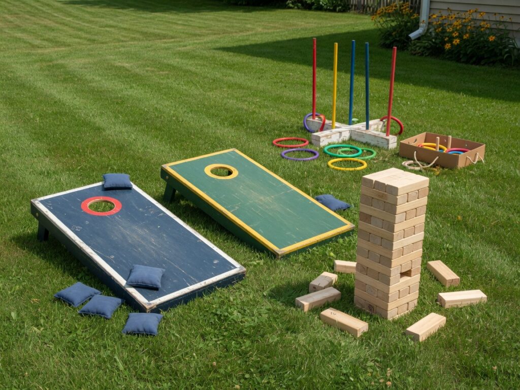 Yard games set: cornhole, giant block tower, ring toss
